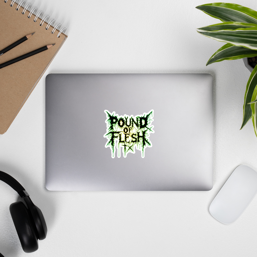 Pound Of Flesh TX Logo sticker on a laptop